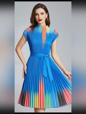 Bright Blue Pleated Midi Dress with Multicolor Accent and Waist Tie 19 inch.p2p